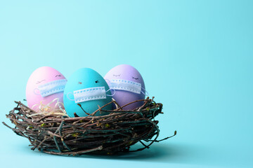 Easter nest eggs with eyes with colorful eggs in medical mask covid-19. Easter holidays decoration