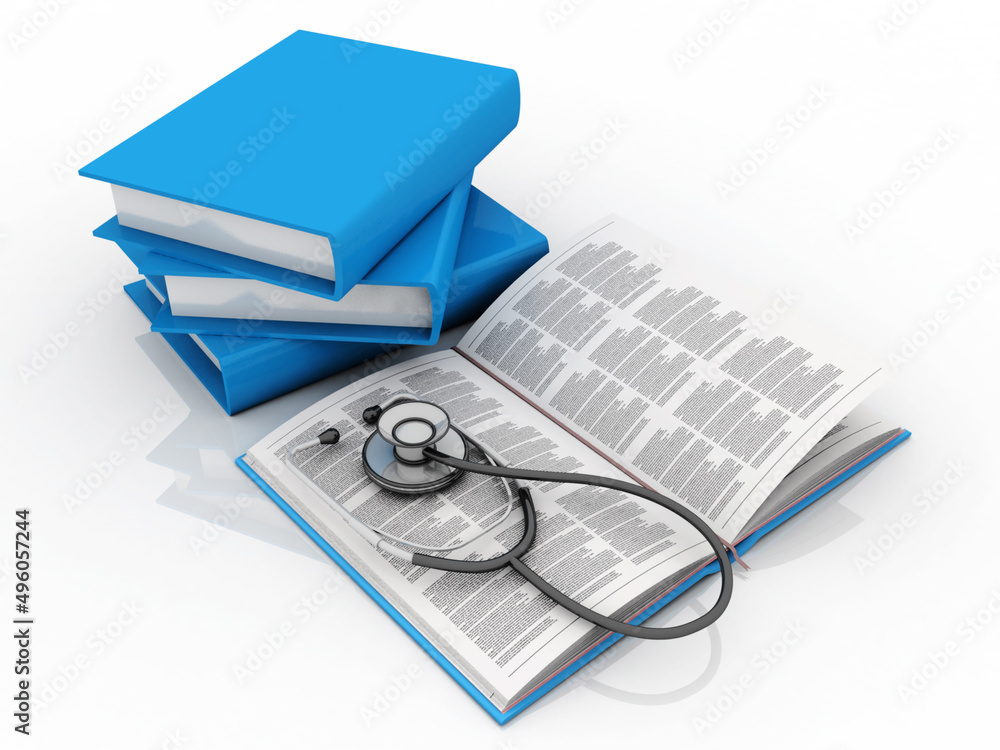 Poster 3d rendering stethoscope check in book