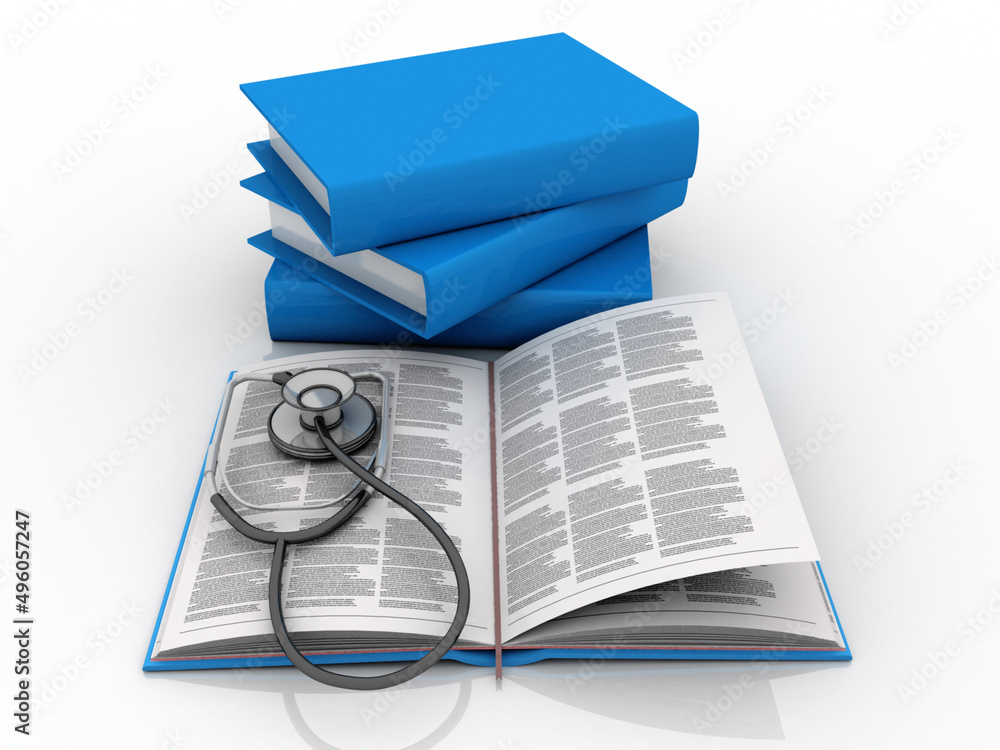 Poster 3d rendering stethoscope check in book