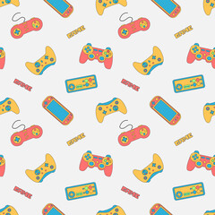 Cute seamless abstract pattern in pixel game style. Colorful gamer template with gamepads, game slogans and gamer aesthetics. Flat cartoon vector illustration © Александра Туркина