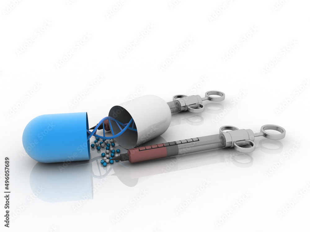 Poster 3d render of dna structure with syringe
