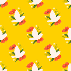Bird and flowers seamless pattern on yellow background. White bird with red poppies pattern for decoration, print. Easter spring pattern.