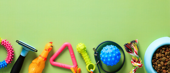 Wide banner with pet toys and grooming accessories on green background. Pet care and training concept.