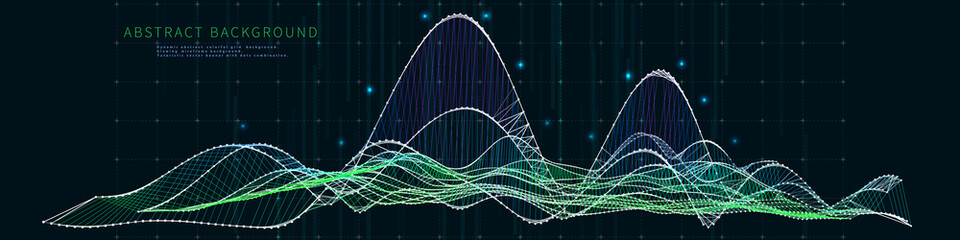 Abstract  background with wireframe technology  grid on dark. Big Data. Visual 3d presentation of analysis research. Computing technology concept. Banner for business, science and technology.