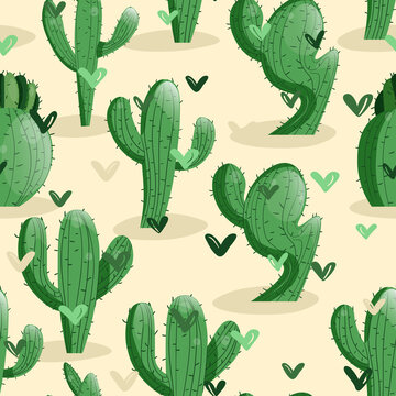 Seamless pattern with cactus with thorns, succulent on color background. Vector drawing illustration for icon, game, packaging, fabric, textile. Wild west, western, cowboy concept