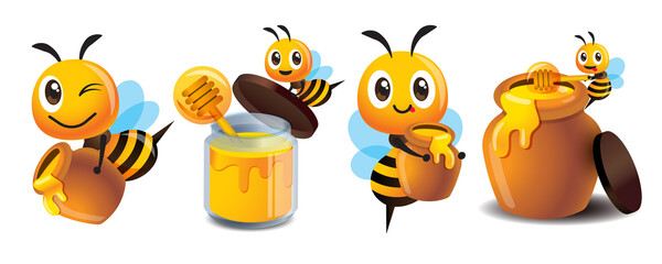 Cartoon cute bee mascot set. Cartoon cute bee with honey pot set. Cute bee carries honey pot and organic honey bottle. Character illustration - obrazy, fototapety, plakaty