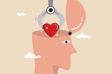 Emotional intelligence ability to understanding emotions and control self positive way, balance between heart and brain, reason and emotion concept, machine put positive heart shape into human brain. - obrazy, fototapety, plakaty