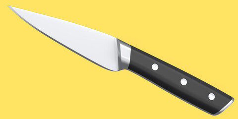Chef's kitchen knife with a wooden handle isolated on yellow background.