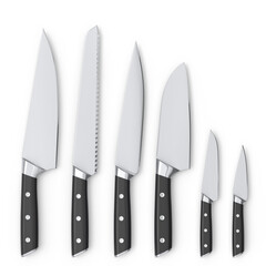 Set of chef's kitchen knives with a wooden handle isolated on white background.