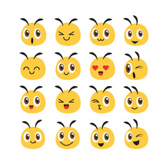 Flat deisgn cartoon cute bee head emoji set for farm or healthy natural food avatar. Bee profile emoji set