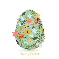 Happy Easter greeting card. Vector illustration of an Easter egg made of spring flowers with calligraphic inscription .