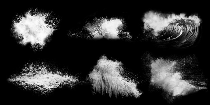 Big breaking ocean waves isolated on black background. Water splashes. Black and white illustration