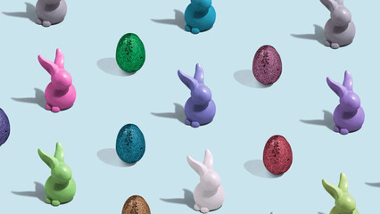 Bunnies and Easter eggs in multiple colors. Colorful minimal Easter concept. Figures align in pattern.