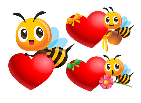 Collection of cartoon cute bee with empty heart shape signboard. Bee character holding honey pot and flower with blank love sign for mothers day and valentines day. Bee character illustration