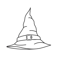 Contour black-and-white drawing of  a pointed witch hat. Vector illustration. Coloring page.