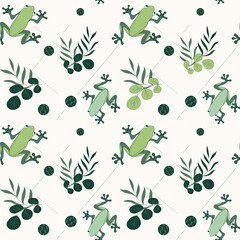 Seamless pattern frogs and leaves. Background with frogs is great for printing.
