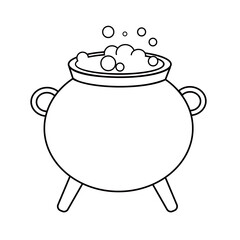 Contour black-and-white drawing of  a witch's cauldron with boiling potion. Vector illustration. Coloring page.