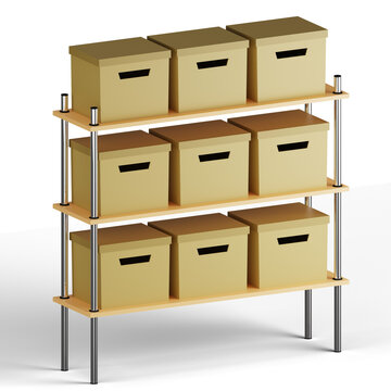 Shelf with drawers. Furniture for storage and sorting of documents, personal belongings, utensils. 3d render, isolate. Illustration in cartoon style. Storage space in the garage.