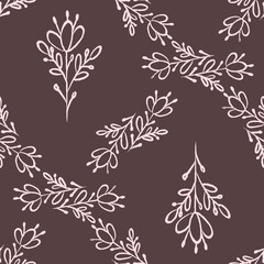 Fototapeta premium Ethnic seamless pattern with soft pink flowers in doodle style. Ornate drawing with elements of nature on dark purple-gray background. Vector botanical illustration. Design for fabric, wrapping paper