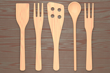 Wooden kitchen utensils, tools and equipment on wooden background.