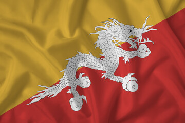 Bhutan flag with fabric texture. Close up shot, background