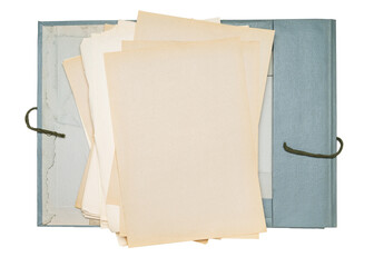 Folder with old yellowed paper sheets on a white background.