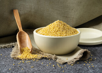 Raw organic millet grits in a white saucer with a wooden spoon on a rough napkin and a gray background.