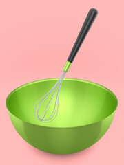 Metal bowl with whisk for preparation of dough isolated on pink background.