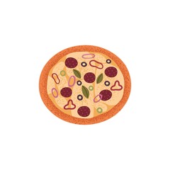 Italian pepperoni pizza with sausages, olives, mozzarella cheese, sweet pepper, onion, basil leaf. Appetizing snack circle with salami. Flat vector illustration isolated on white background