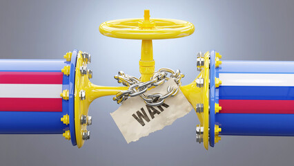 Austria and Russia oil and gas sanctions, stand-off and war. Squeezed gas pipe symbolizes the LNG embargo, crisis and upcoming price rises., 3d illustration