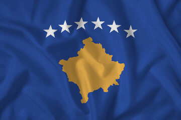 Kosovo flag with fabric texture. Close up shot, background