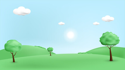 Fototapeta na wymiar 3d landscape illustration with 3d trees, cloud and sun. vector illustration.