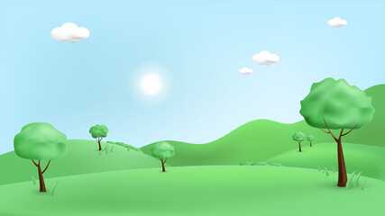 3d landscape illustration with 3d trees, cloud and sun. vector illustration.