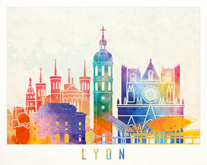 Lyon landmarks watercolor poster