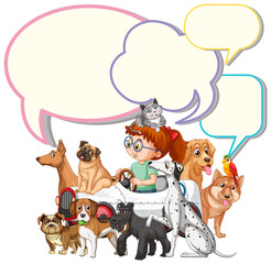 Speech bubbles design with kid and pets