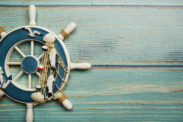 Marine Items nautical Decoration with space copy on wooden background