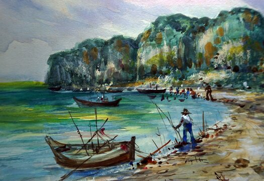 Watercolor painting art class , sea ,wave ,birds, fishing boats