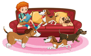 A boy sitting on couch with many beagle dogs