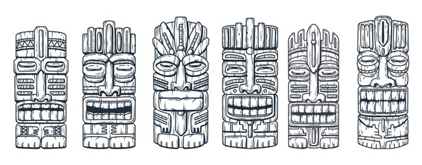 Tiki mask for hawaii surfing bar. Traditional ethnic idol set of maori or polynesian. Tribal totem - obrazy, fototapety, plakaty
