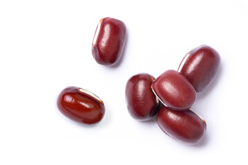 Red Azuki beans (Adzuki or japanese red bean) isolated on white background. Top view. Flat lay. Macro