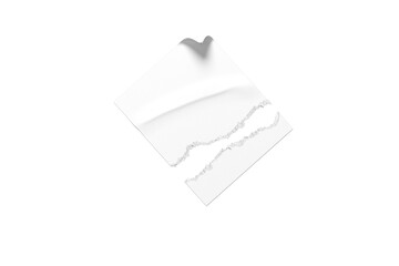 White square glued stickers mock up.Blank white adhesive square paper or plastic sticker label with wrinkled, crumpled effect. Blank template label tags. torn effect sticker mockup. 3d rendering.