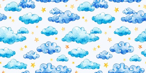 Fototapeta premium Watercolor seamless pattern with blue clouds and stars. Delicate pastel sky, watercolor clouds. Hand drawn watercolor painting sky. Romantic texture for wrapping paper, fabric, cards and invitations