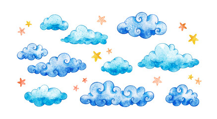 Delicate blue clouds and stars. Pastel sky Watercolor clouds. Botanical illustration. Hand drawn watercolor painting sky on white background. Perfect for invitations, template card, Birthday