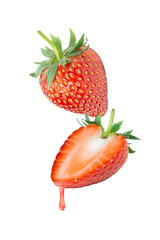 Red strawberry berry with juice dripping isolated on white background.