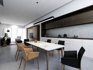 3D rendering,Spacious modern luxurious kitchen with bar design.