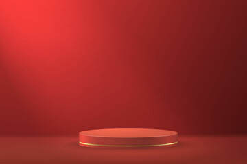 3d realistic podium or pedestal on red luxury background.