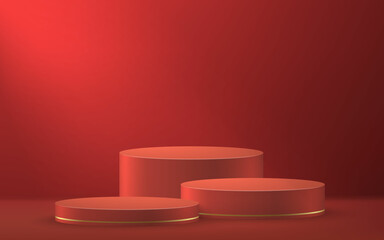 3d realistic podium or pedestal on red luxury background.