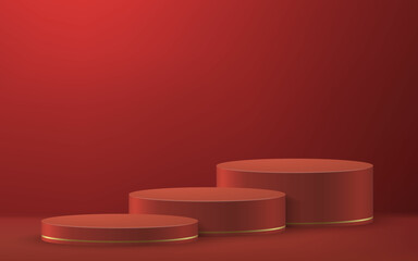 3d realistic podium or pedestal on red luxury background.