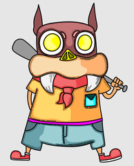 cartoon monster with two fangs sticking out standing with a baseball bat