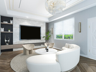Fototapeta na wymiar 3D rendering, spacious living room design of modern residence, with sofa, tea table, decorative painting, etc